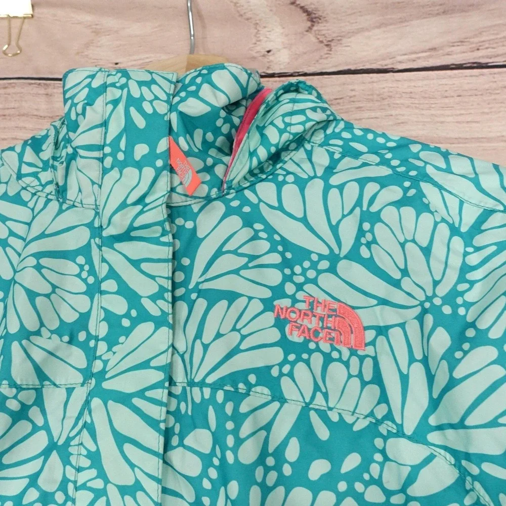 North Face Jacket Girls XL 18 Green Floral HyVent Hooded Rain Coat Waterproof
